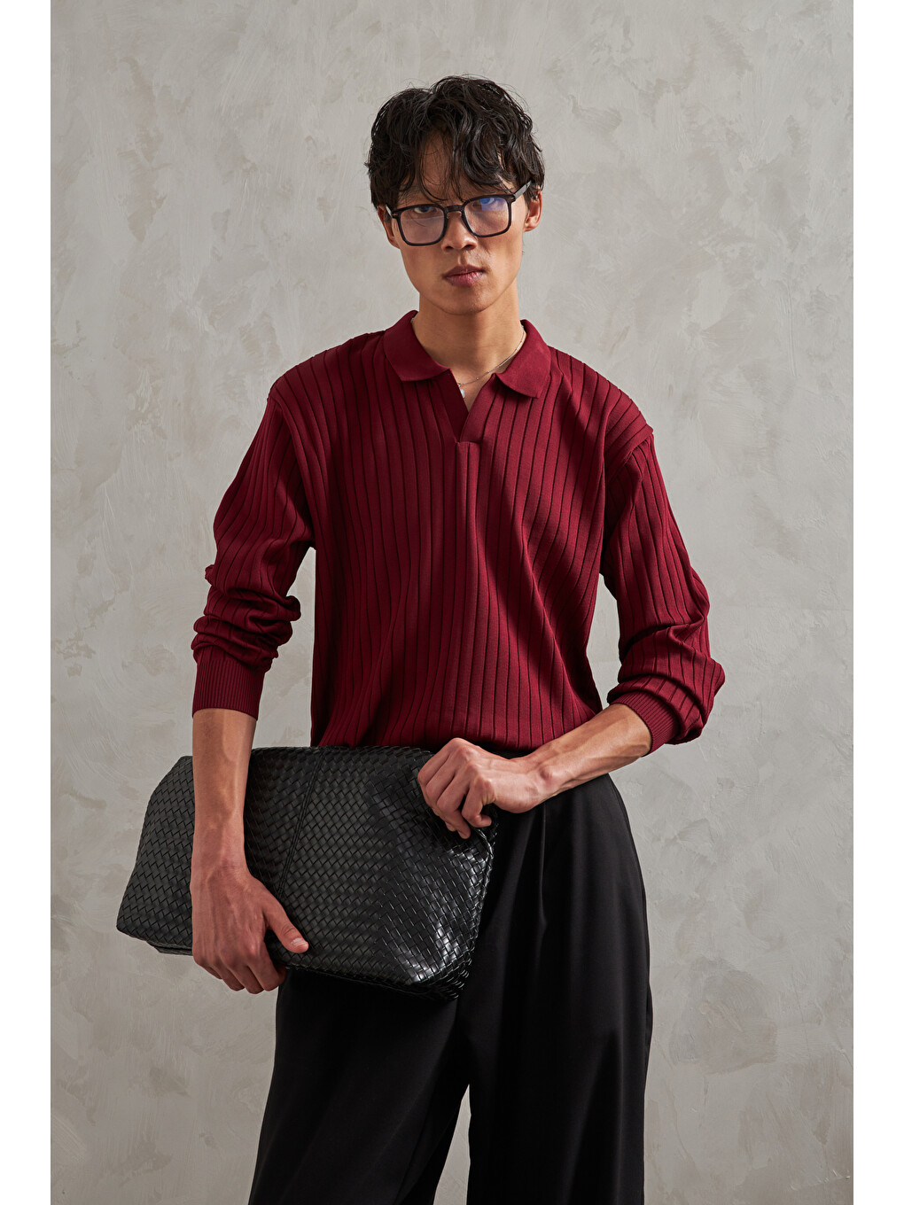 Bordo Erkek Polo Yaka Fitilli Oversize Triko Kazak-5