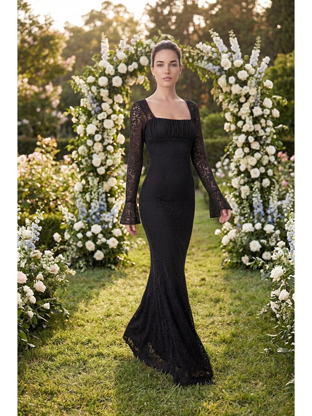 Kadın Siyah Uzun Kol Dantelli Davet Elbisesi-2