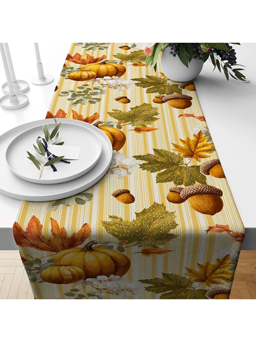 Karışık Sonbahar Desenli 40x140 cm Kadife Masa Örtüsü Runner-1