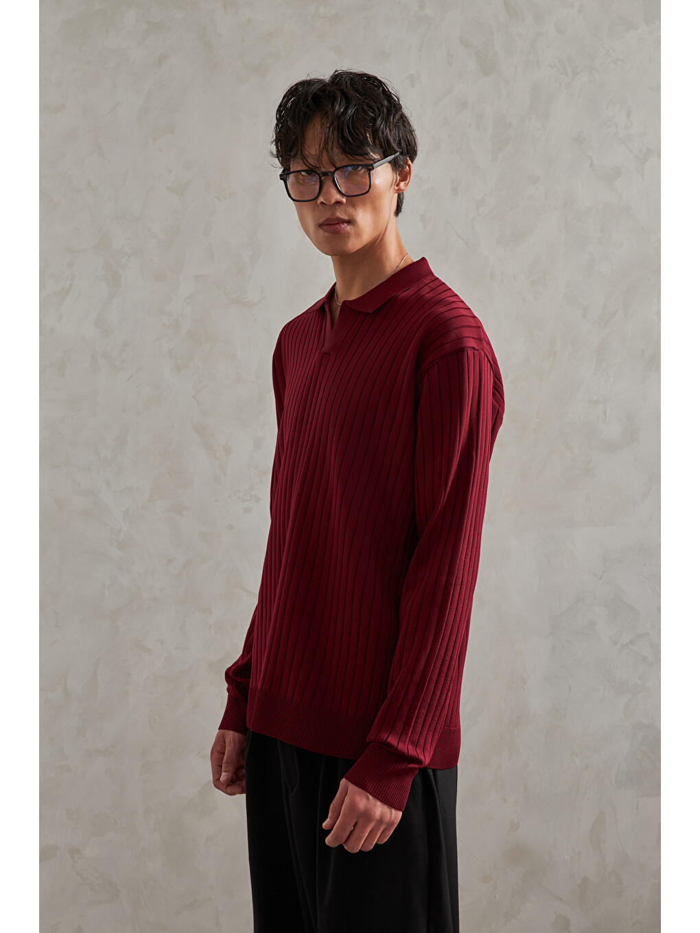 Bordo Erkek Polo Yaka Fitilli Oversize Triko Kazak-7