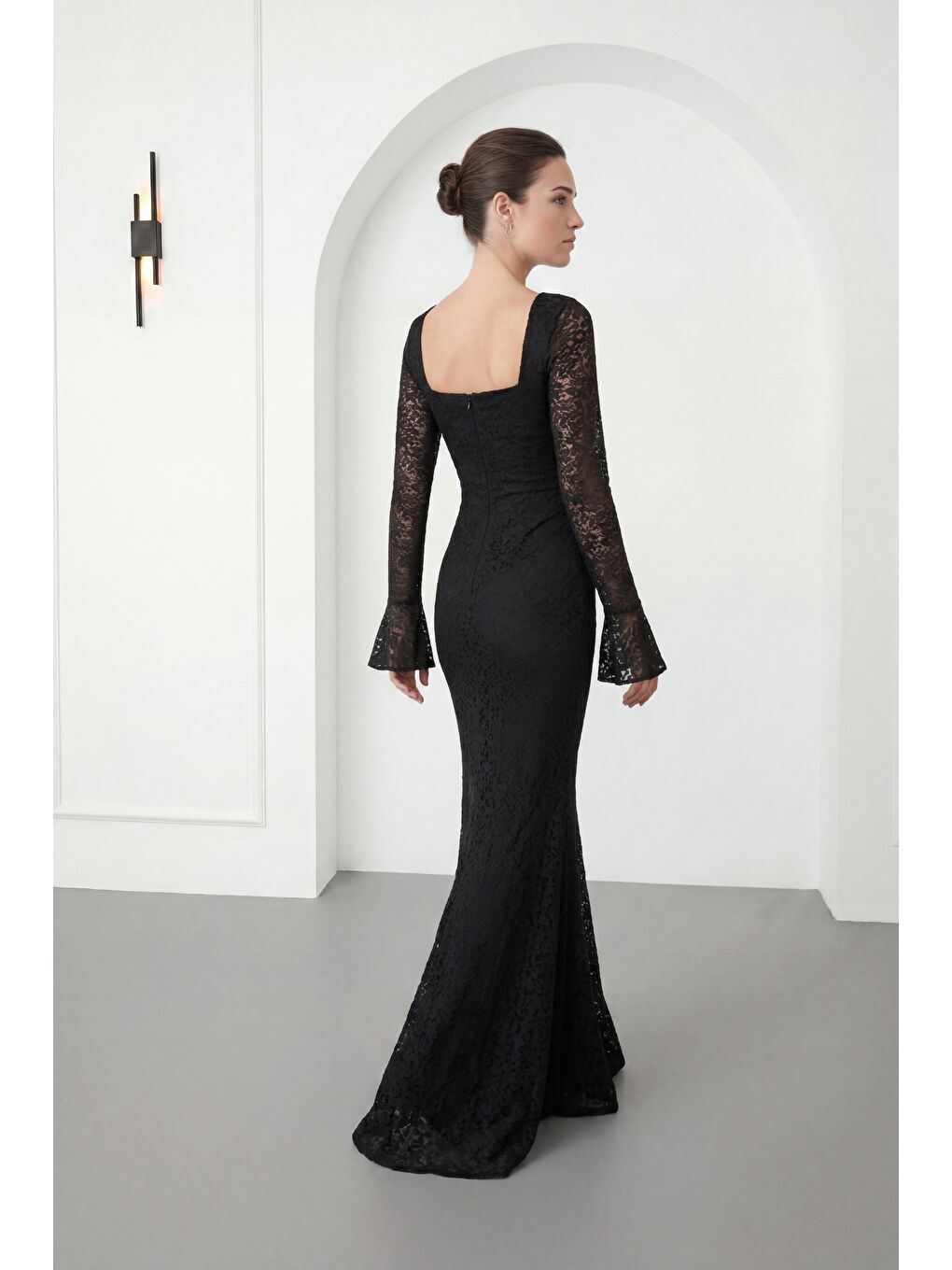 Kadın Siyah Uzun Kol Dantelli Davet Elbisesi-3