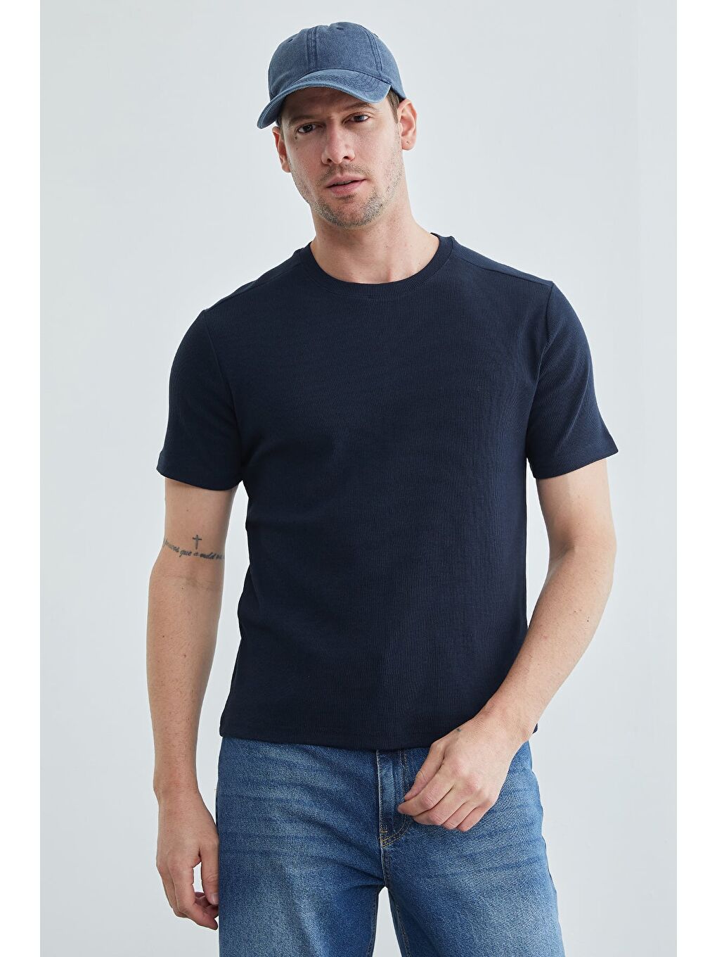 Lacivert Basic Fitilli Bisiklet Yaka Tişört-1