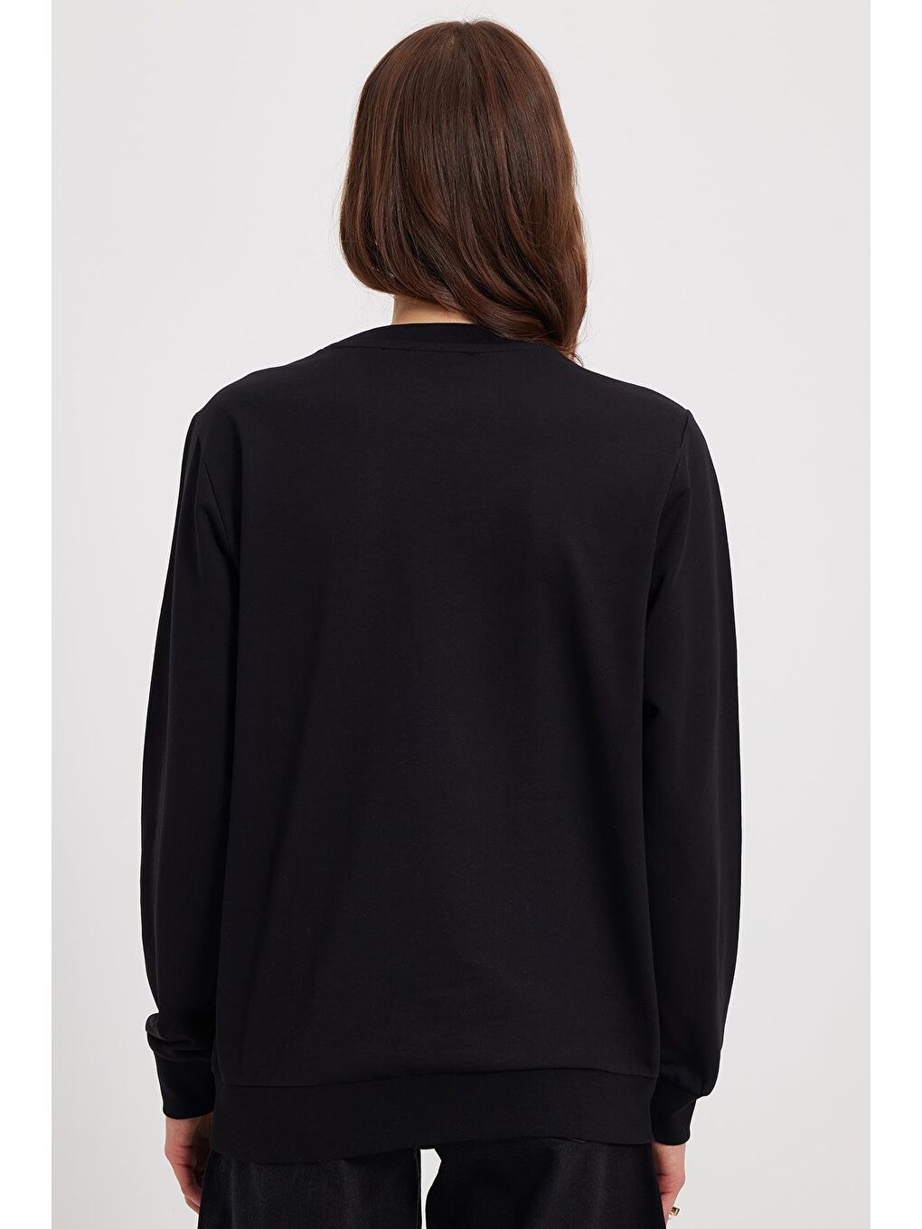 Kadın Oversize Geniş Kesim %100 Pamuk 2 İplik Bisiklet Yaka Siyah Sweatshirt-5