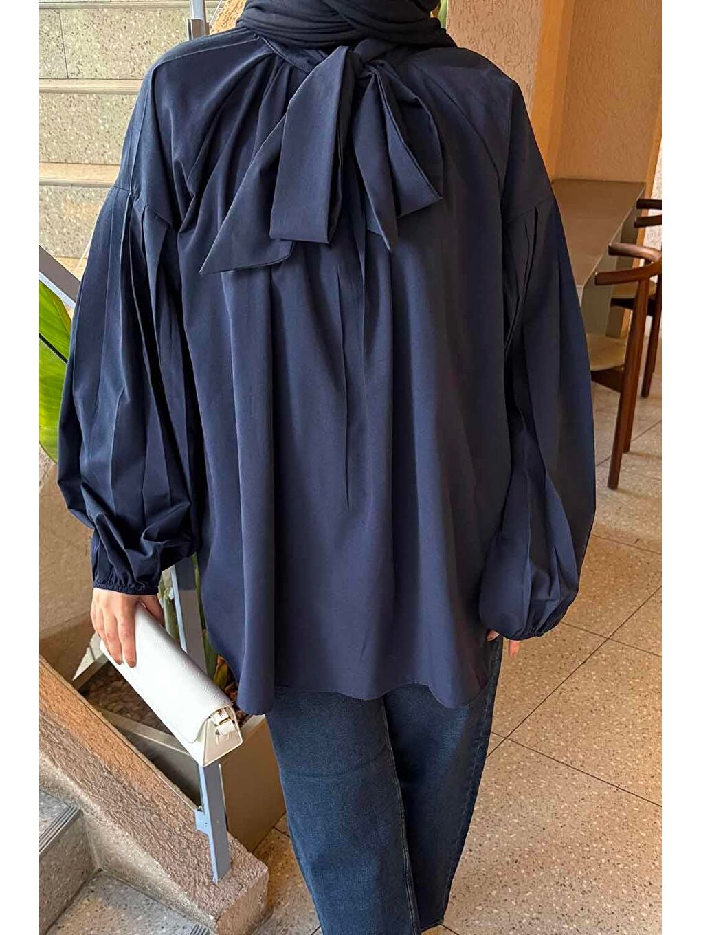 Yaka Fular Detaylı Gömlek Koyu Lacivert-2