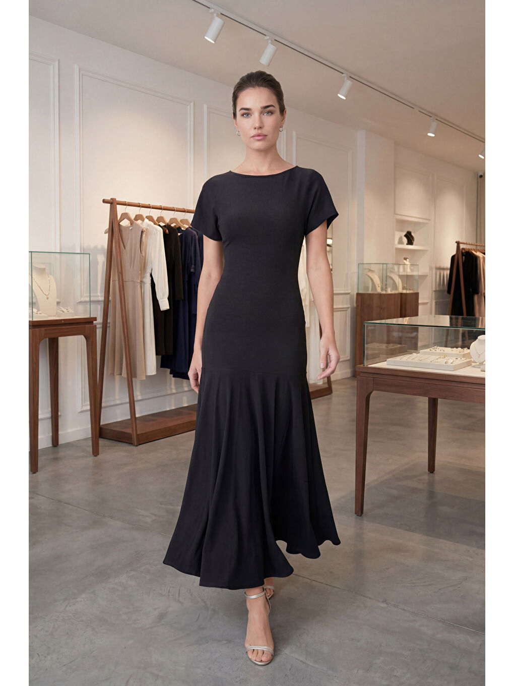 Kadın Siyah Bisiklet Yaka Kısa Kollu Midi Davet Elbisesi-4