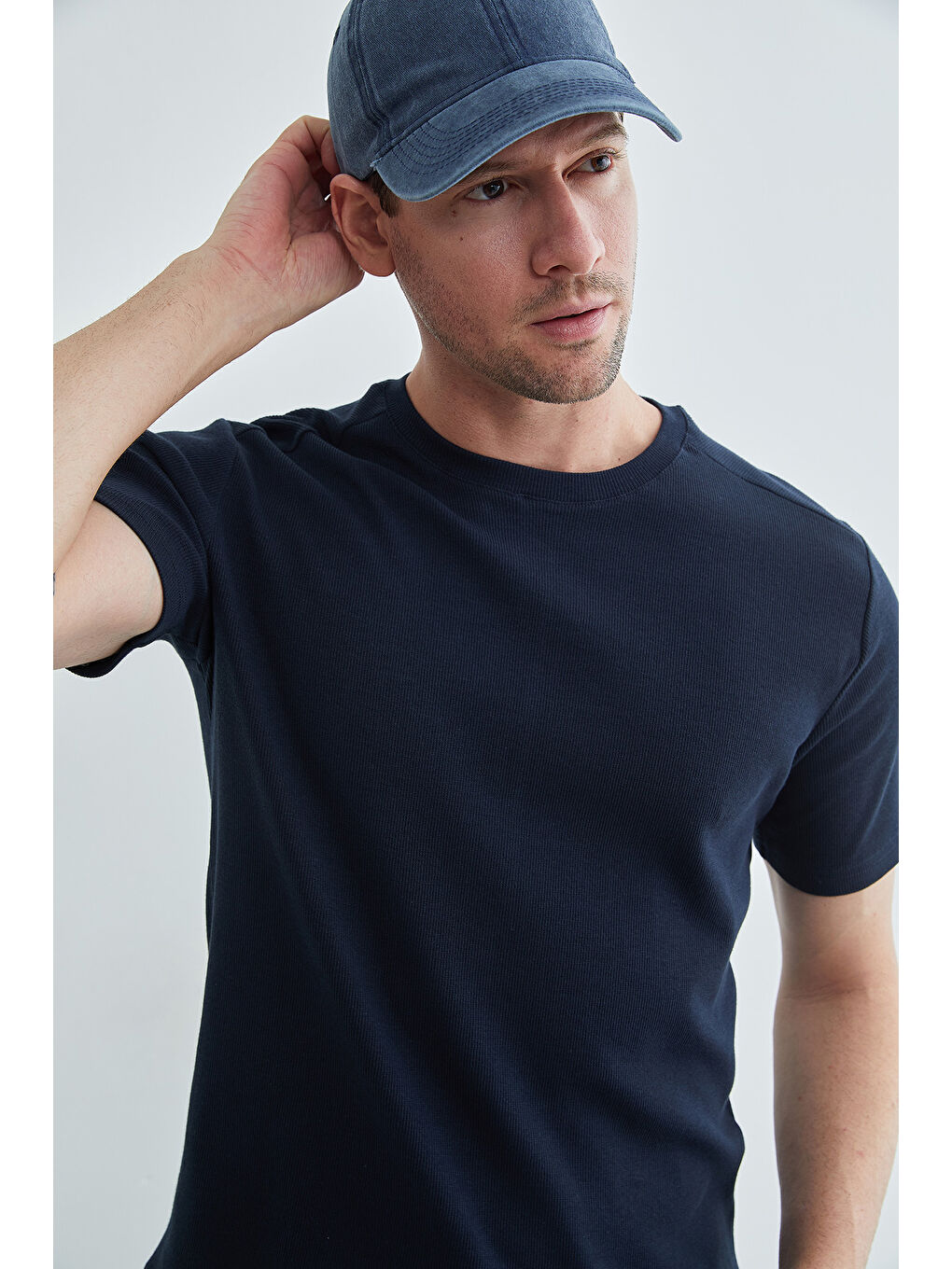 Lacivert Basic Fitilli Bisiklet Yaka Tişört-2