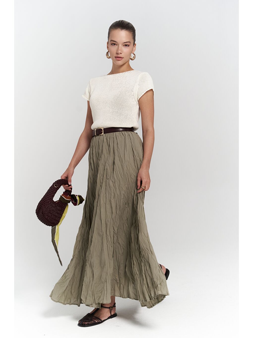 Jayla Kırışık Detay Uzun Haki Etek-1
