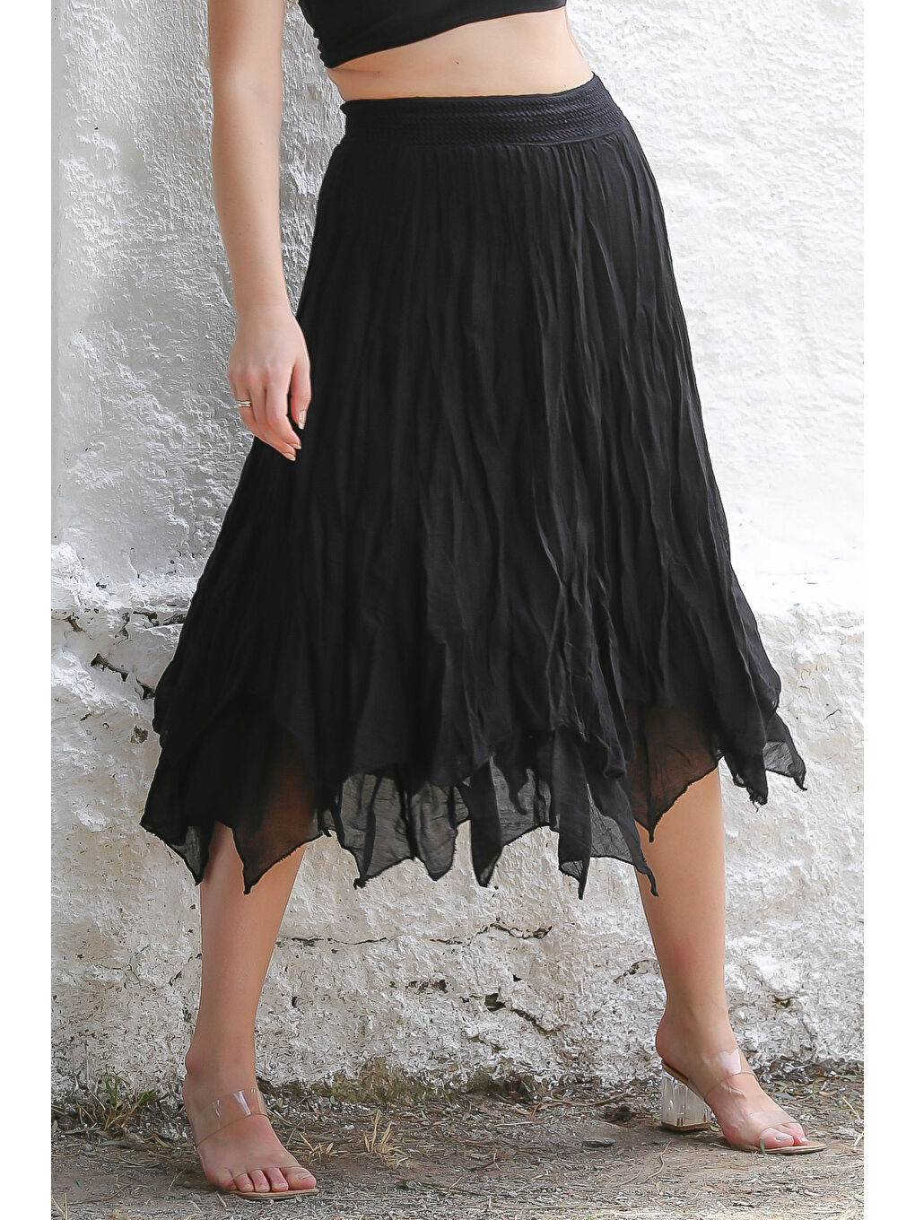 Organik Pamuk Siyah Astarlı Dokuma Asimetrik Lastikli Bel Casual Etek-1