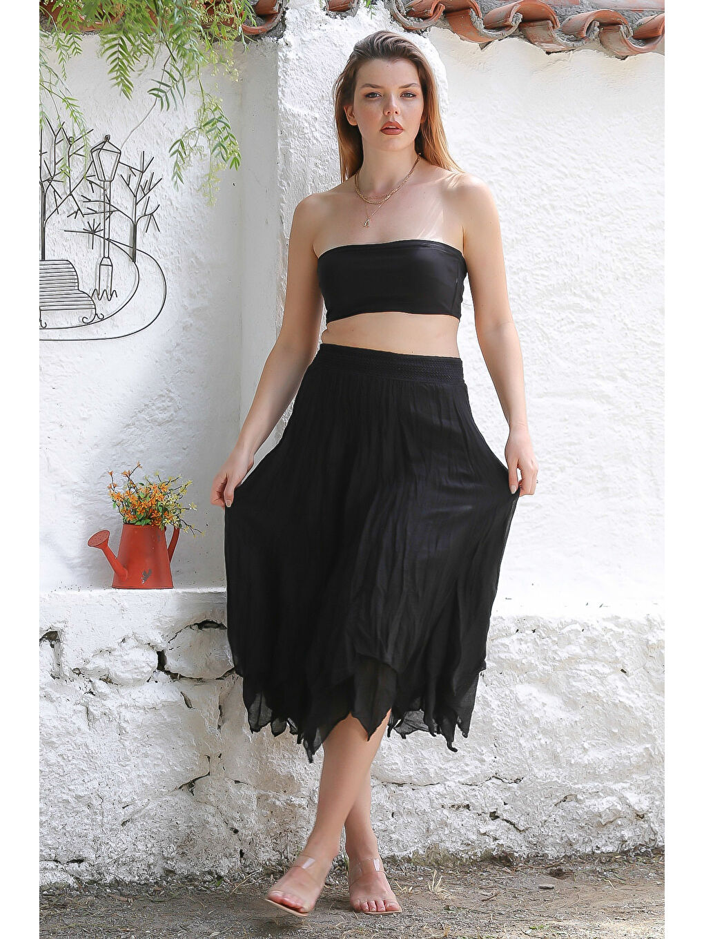 Organik Pamuk Siyah Astarlı Dokuma Asimetrik Lastikli Bel Casual Etek-2