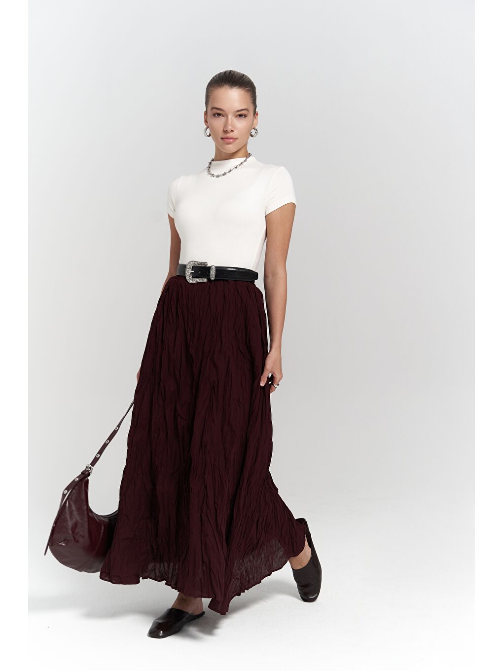 Jayla Kırışık Detay Uzun Bordo Etek