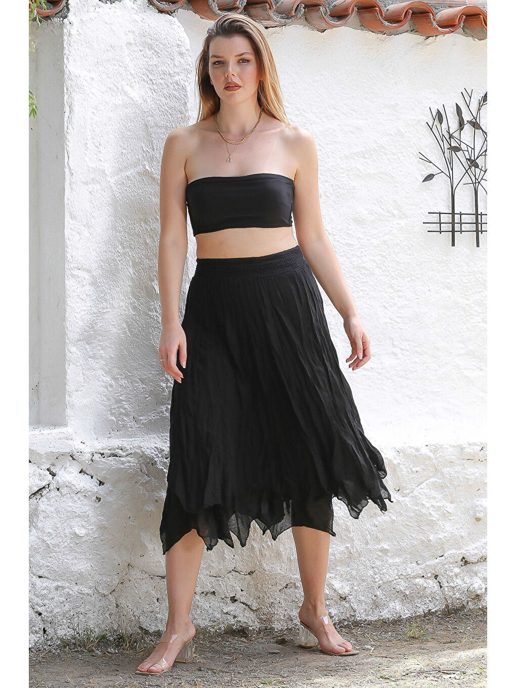 Organik Pamuk Siyah Astarlı Dokuma Asimetrik Lastikli Bel Casual Etek-3