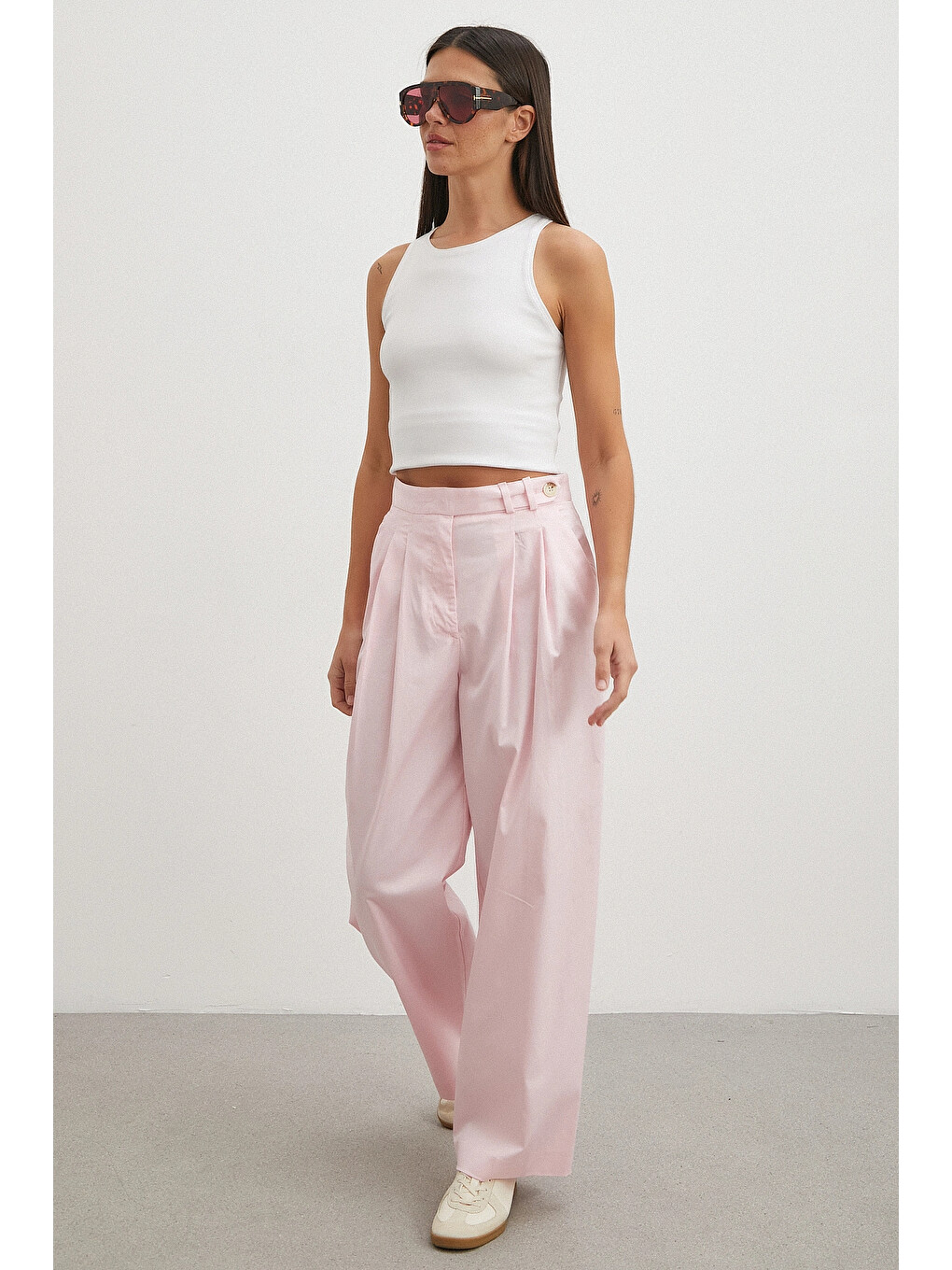 Geniş Paça Pensli Pantolon Pembe