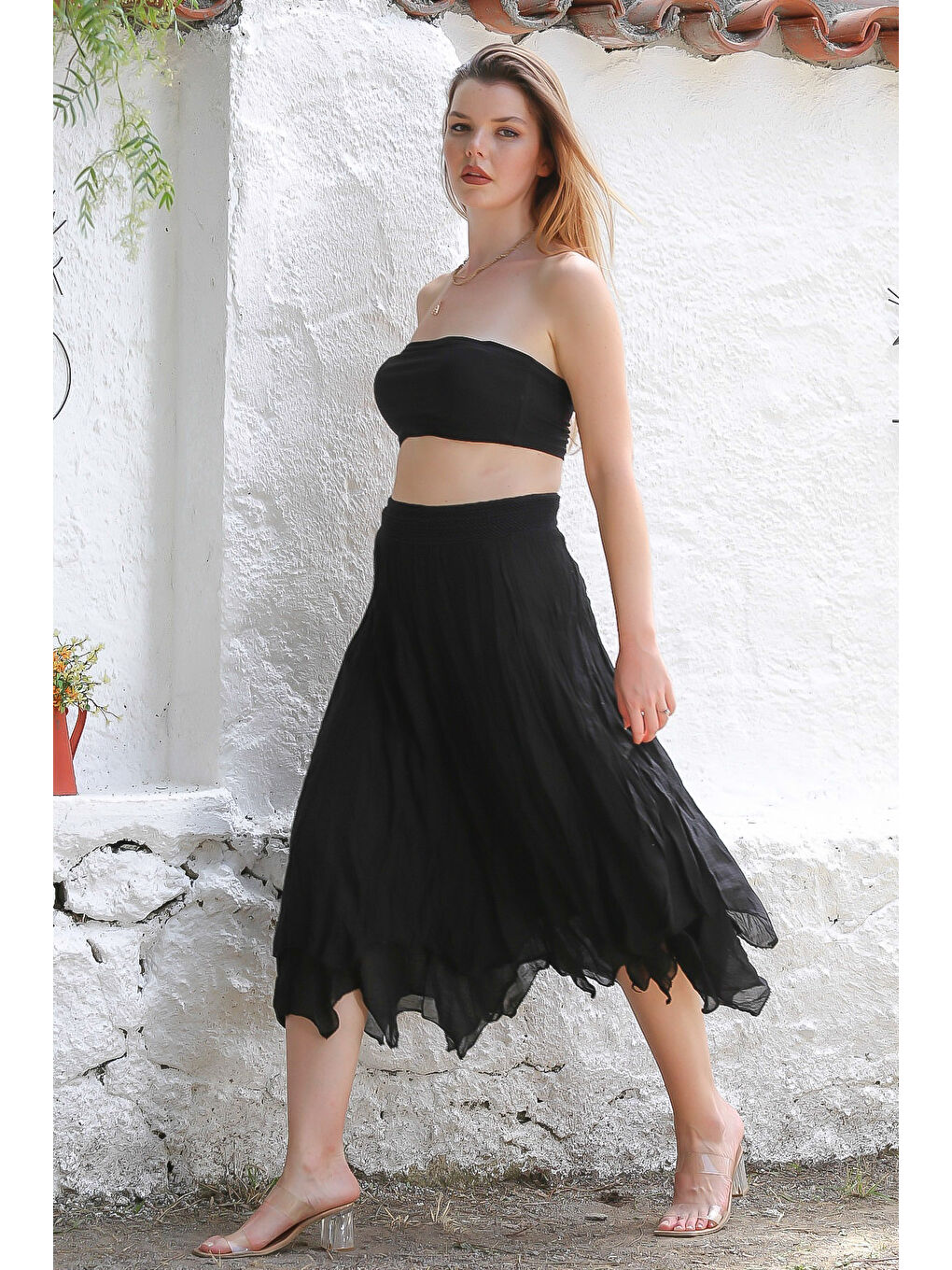 Organik Pamuk Siyah Astarlı Dokuma Asimetrik Lastikli Bel Casual Etek-4