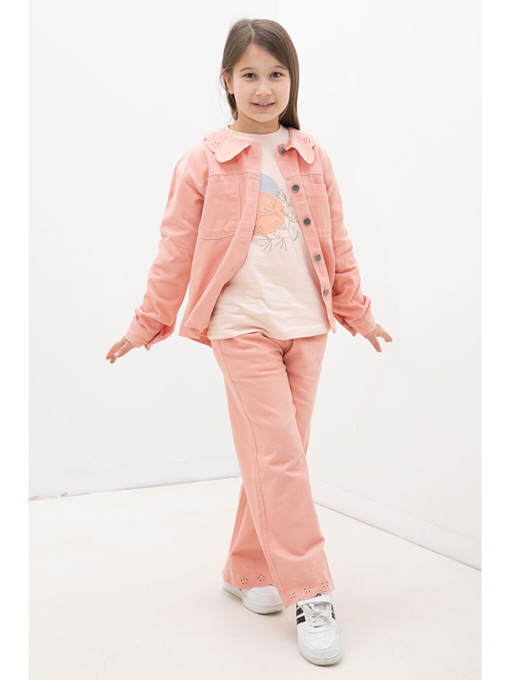 Pembe Somon Çiçek Yaka Detaylı Ceketli Kız Çocuk Pantolonlu 3lü Takım 23631