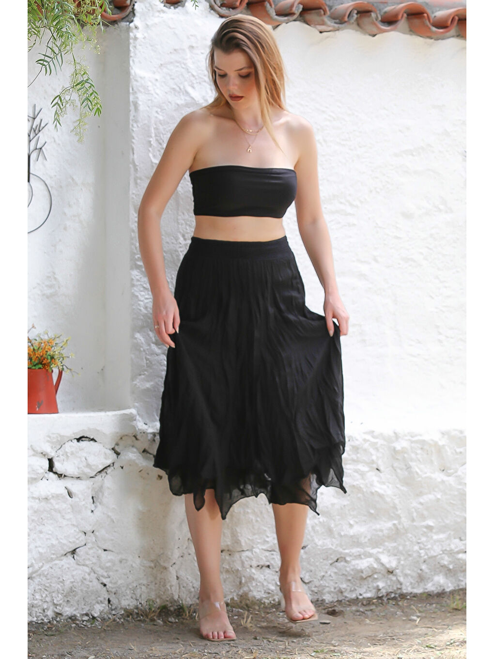 Organik Pamuk Siyah Astarlı Dokuma Asimetrik Lastikli Bel Casual Etek-5