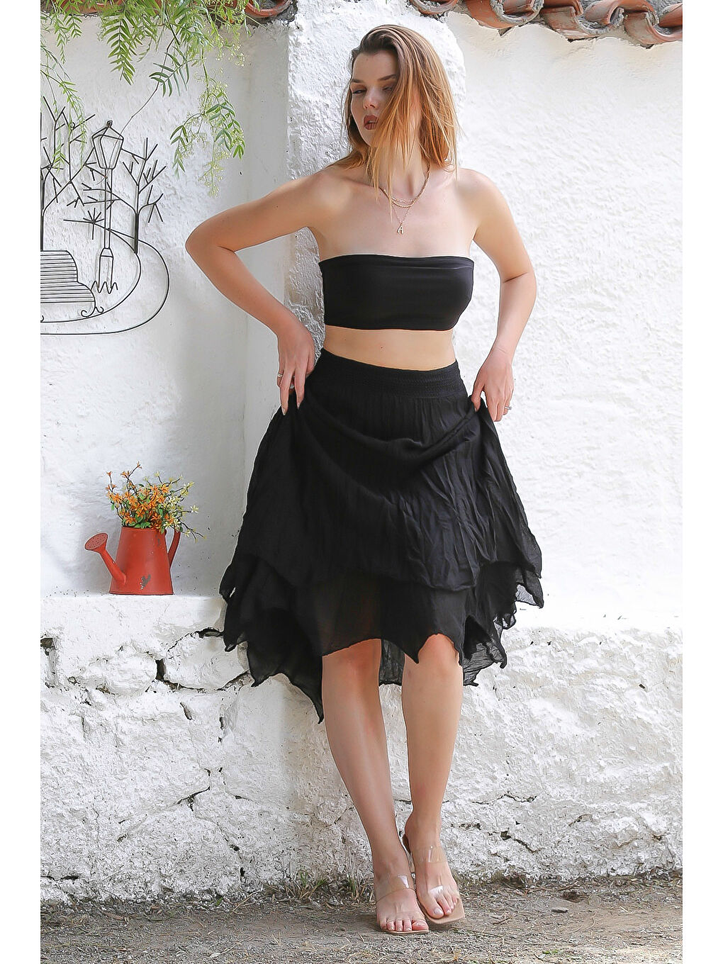 Organik Pamuk Siyah Astarlı Dokuma Asimetrik Lastikli Bel Casual Etek-6