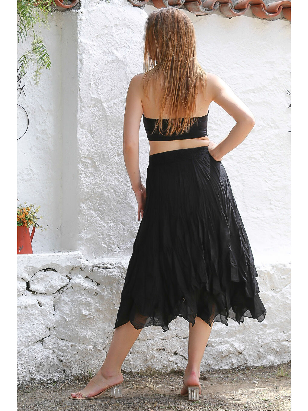 Organik Pamuk Siyah Astarlı Dokuma Asimetrik Lastikli Bel Casual Etek-7