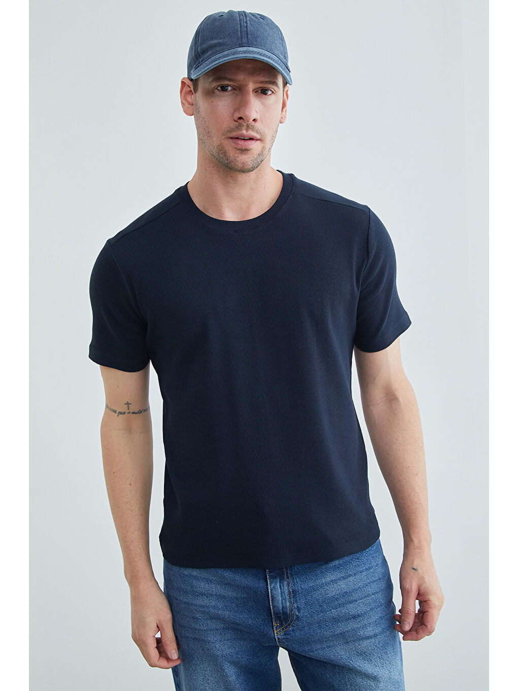 Lacivert Basic Fitilli Bisiklet Yaka Tişört-3