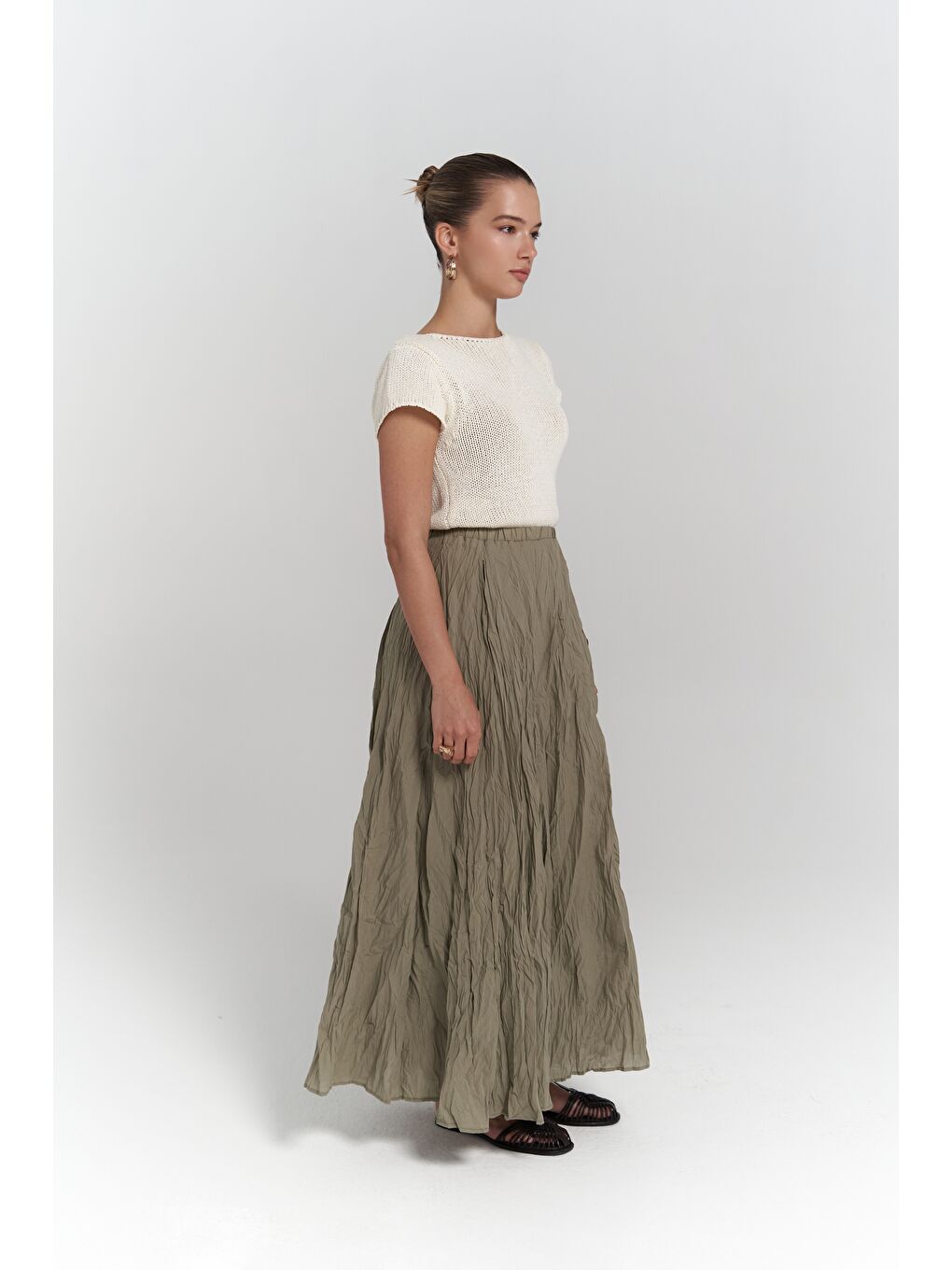 Jayla Kırışık Detay Uzun Haki Etek-3