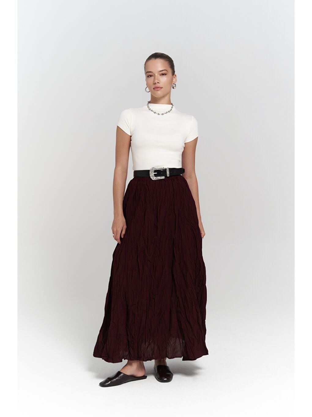 Jayla Kırışık Detay Uzun Bordo Etek-1