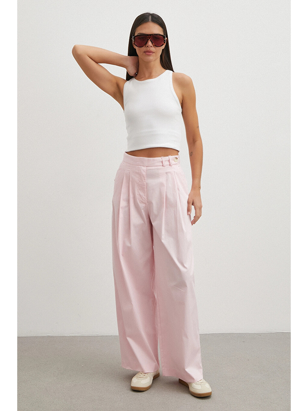 Geniş Paça Pensli Pantolon Pembe-2