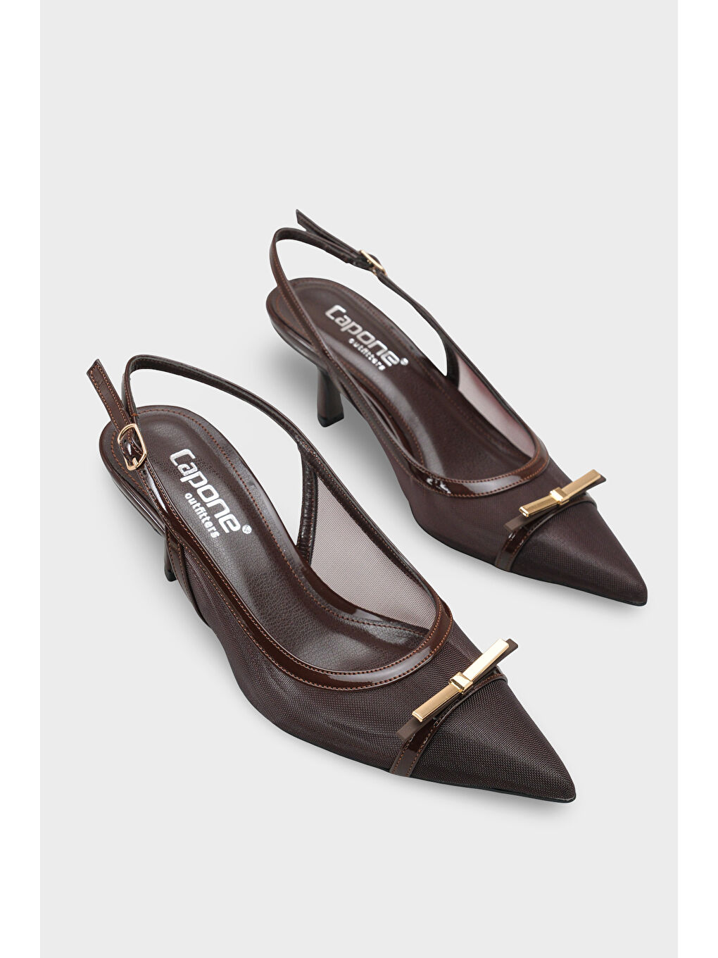 Kahverengi Joya Fileli Sivri Burunlu Orta Topuklu Arkası Açık Kadın Ayakkabı-1