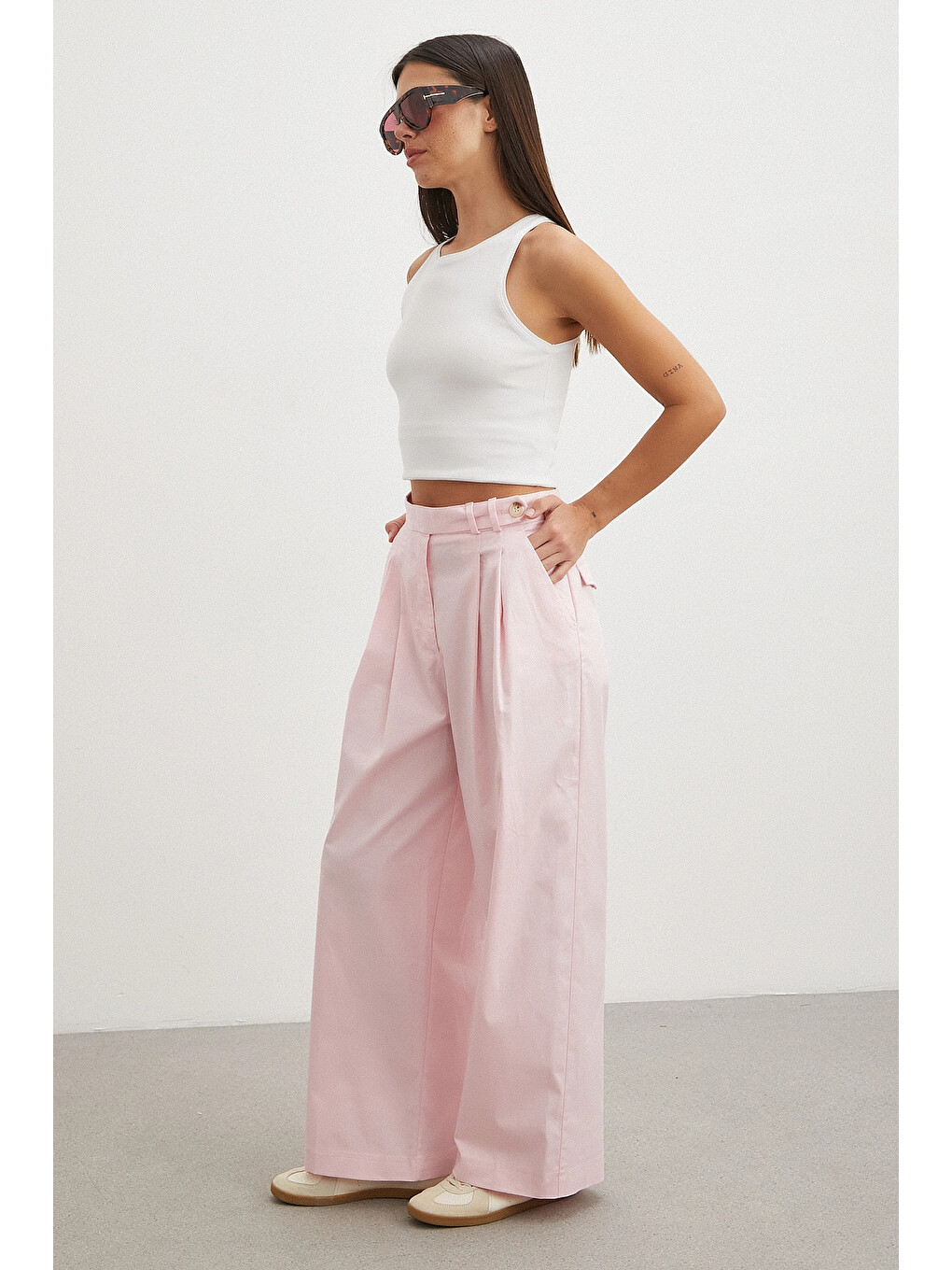 Geniş Paça Pensli Pantolon Pembe-3