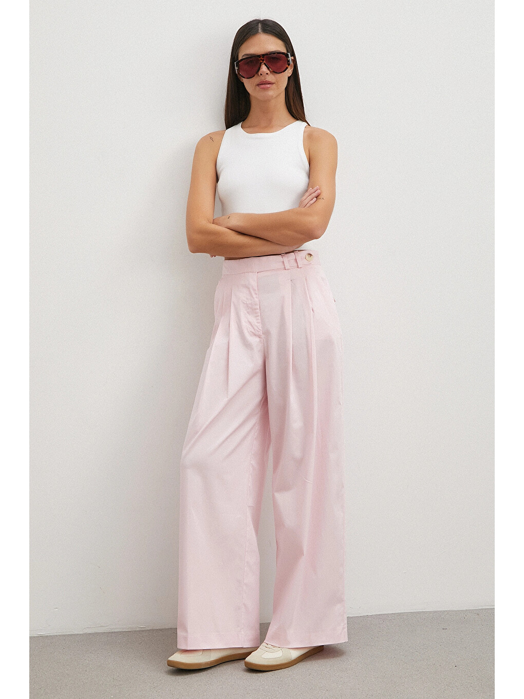 Geniş Paça Pensli Pantolon Pembe-4