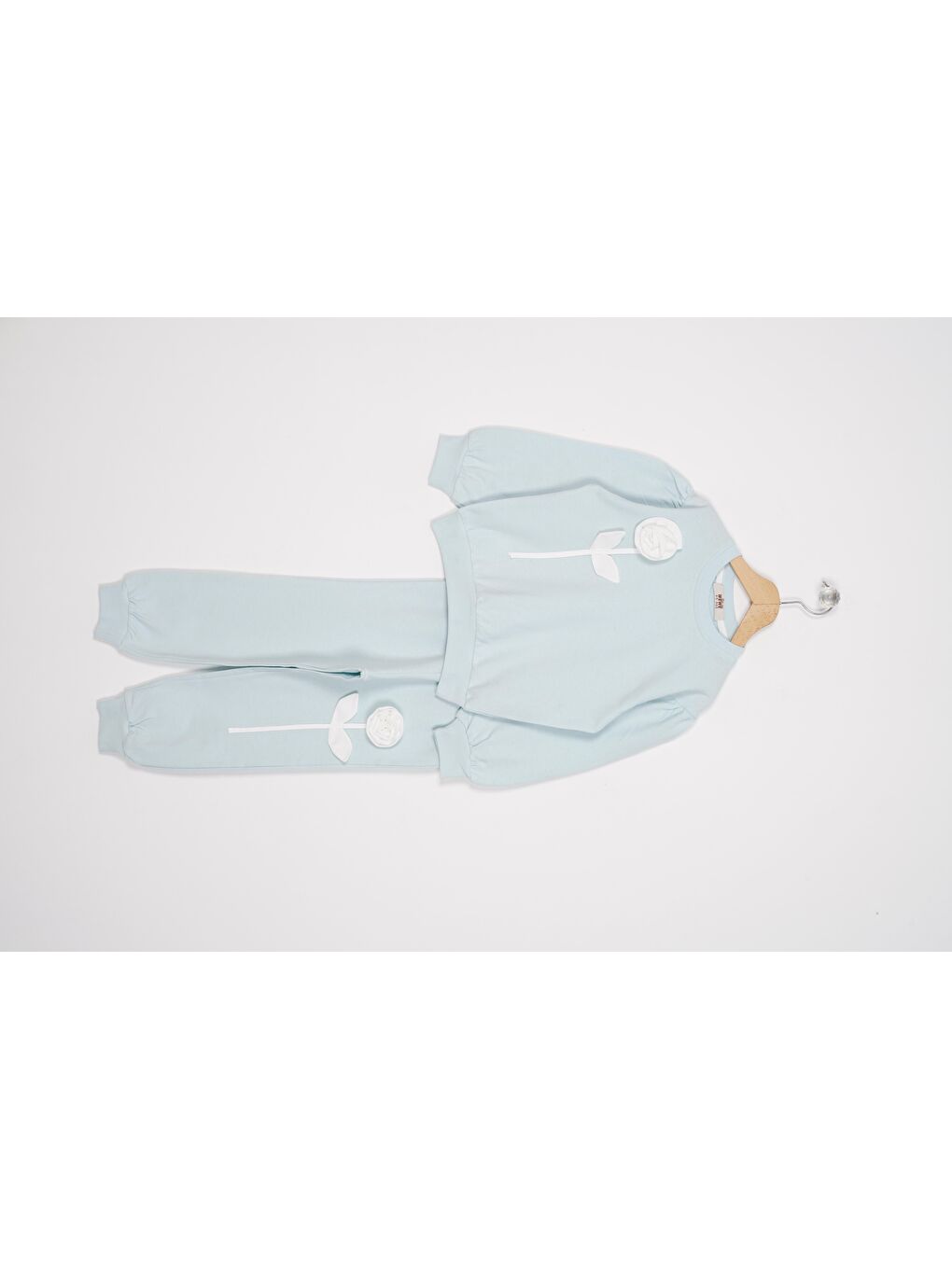 Yeşil Gül Detaylı Paçası Lastikli Mint Renk Kız Çocuk Eşofman Takımı