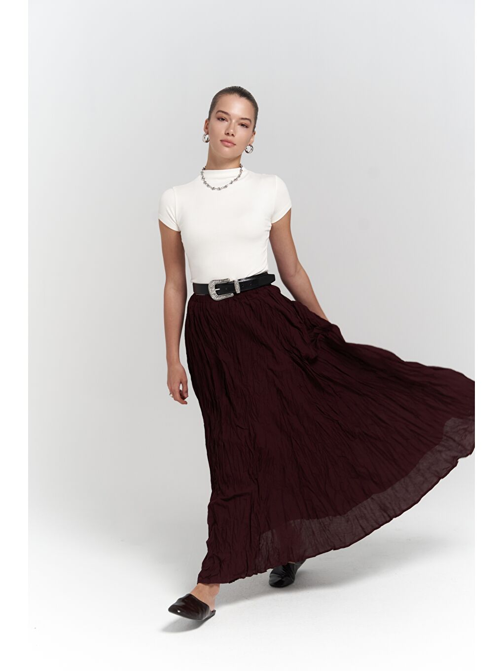 Jayla Kırışık Detay Uzun Bordo Etek-2