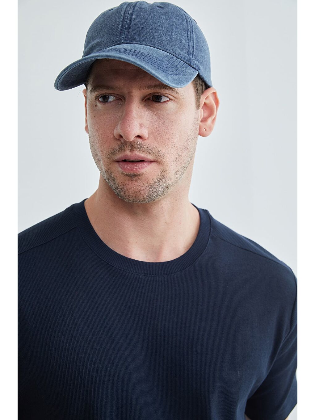 Lacivert Basic Fitilli Bisiklet Yaka Tişört-4