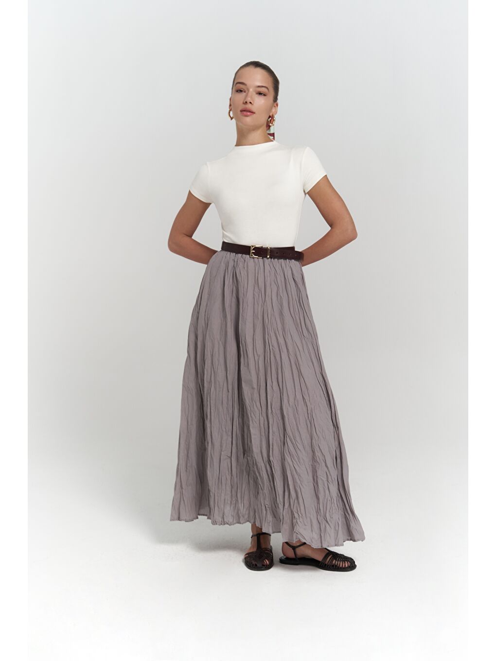 Jayla Kırışık Detay Uzun Gri Etek