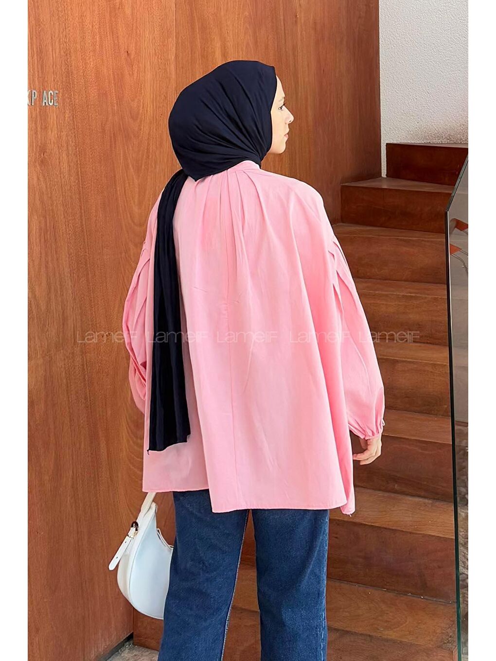 Yaka Fular Detaylı Gömlek Şeker Pembesi-3