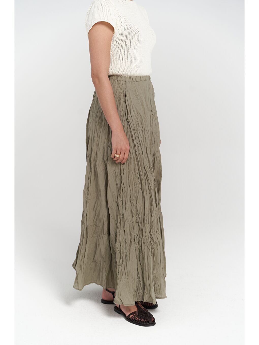 Jayla Kırışık Detay Uzun Haki Etek-4