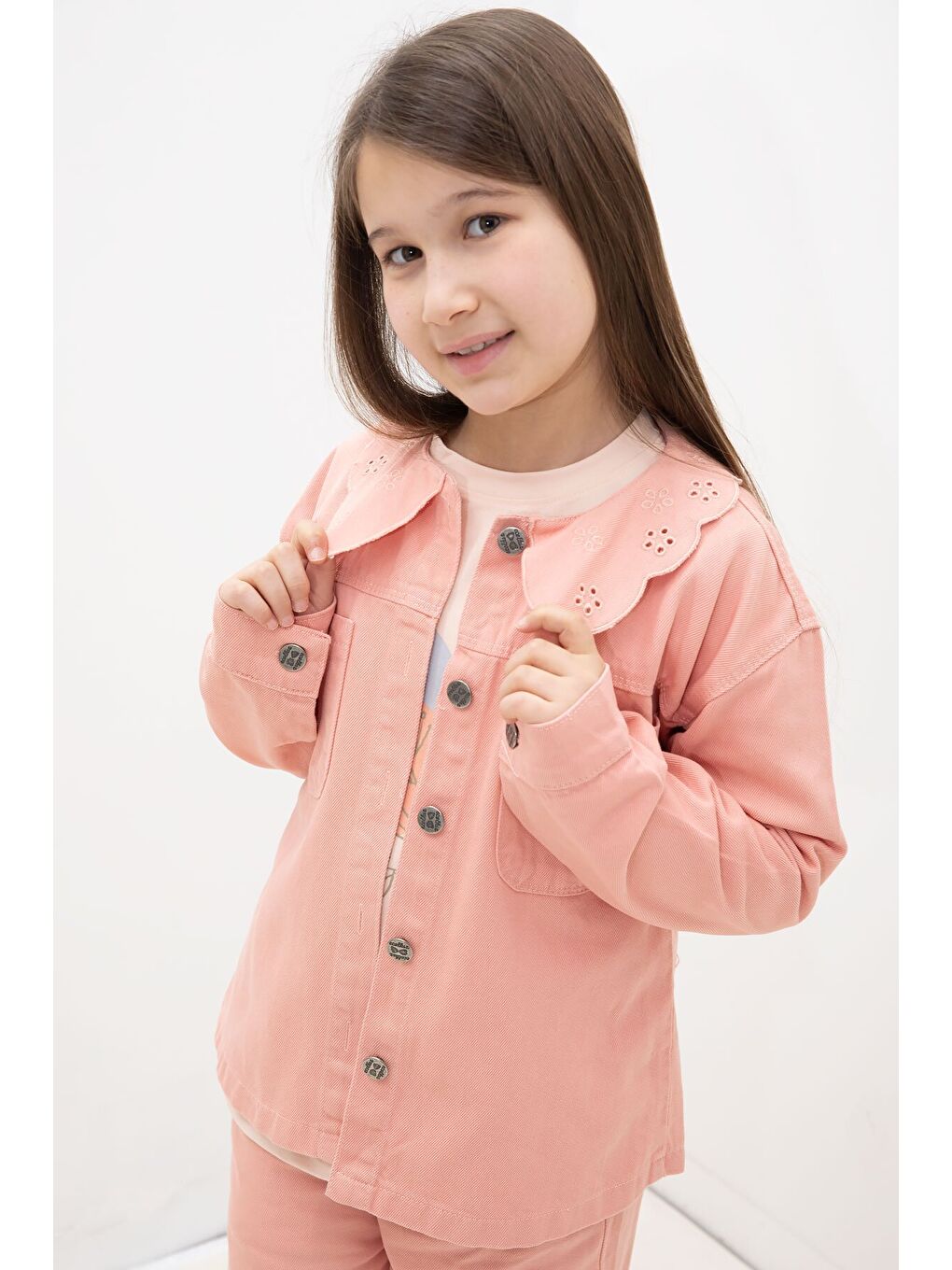 Pembe Somon Çiçek Yaka Detaylı Ceketli Kız Çocuk Pantolonlu 3lü Takım 23631-2