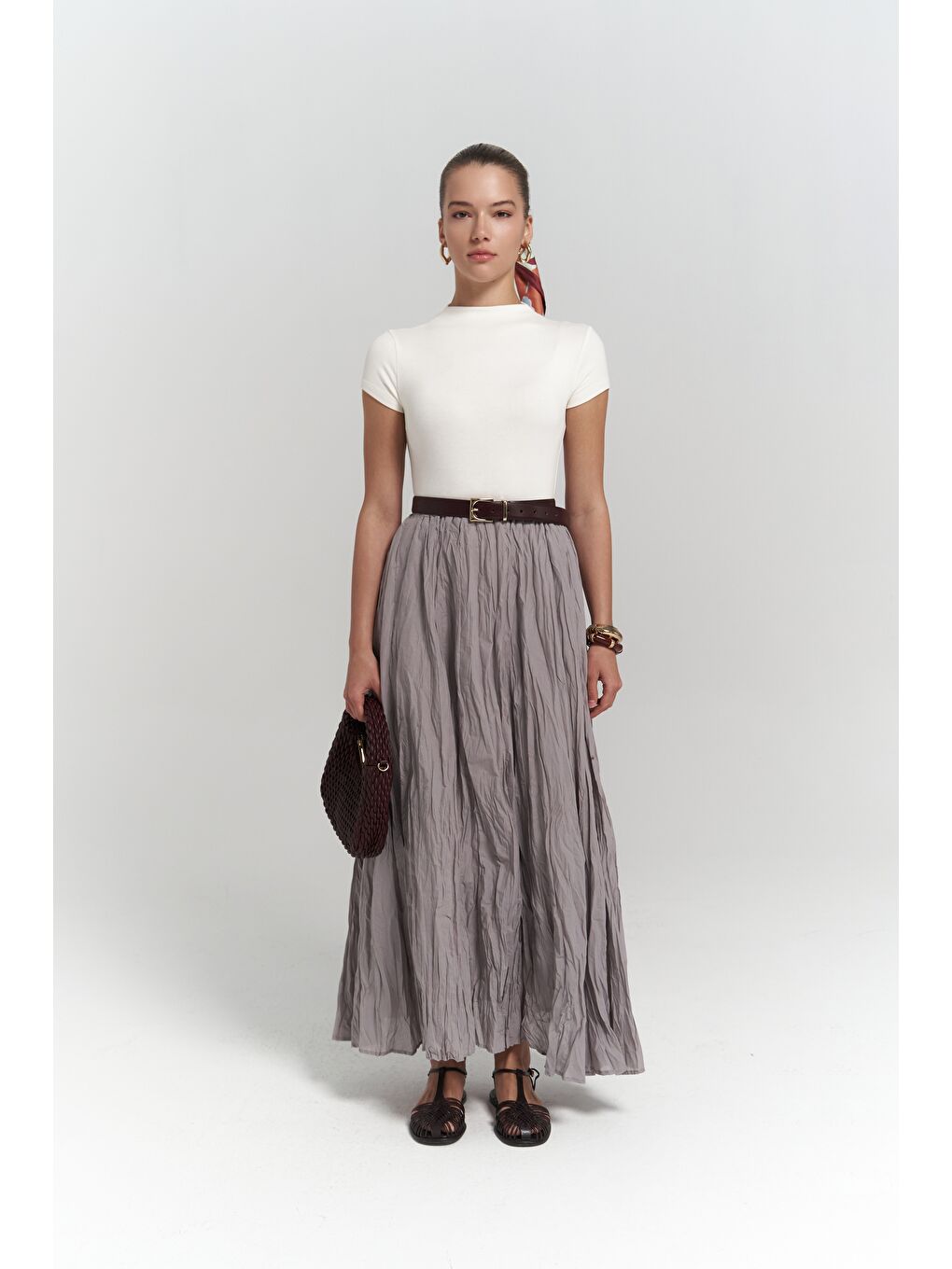 Jayla Kırışık Detay Uzun Gri Etek-1