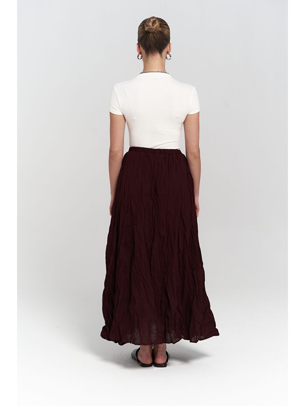 Jayla Kırışık Detay Uzun Bordo Etek-4