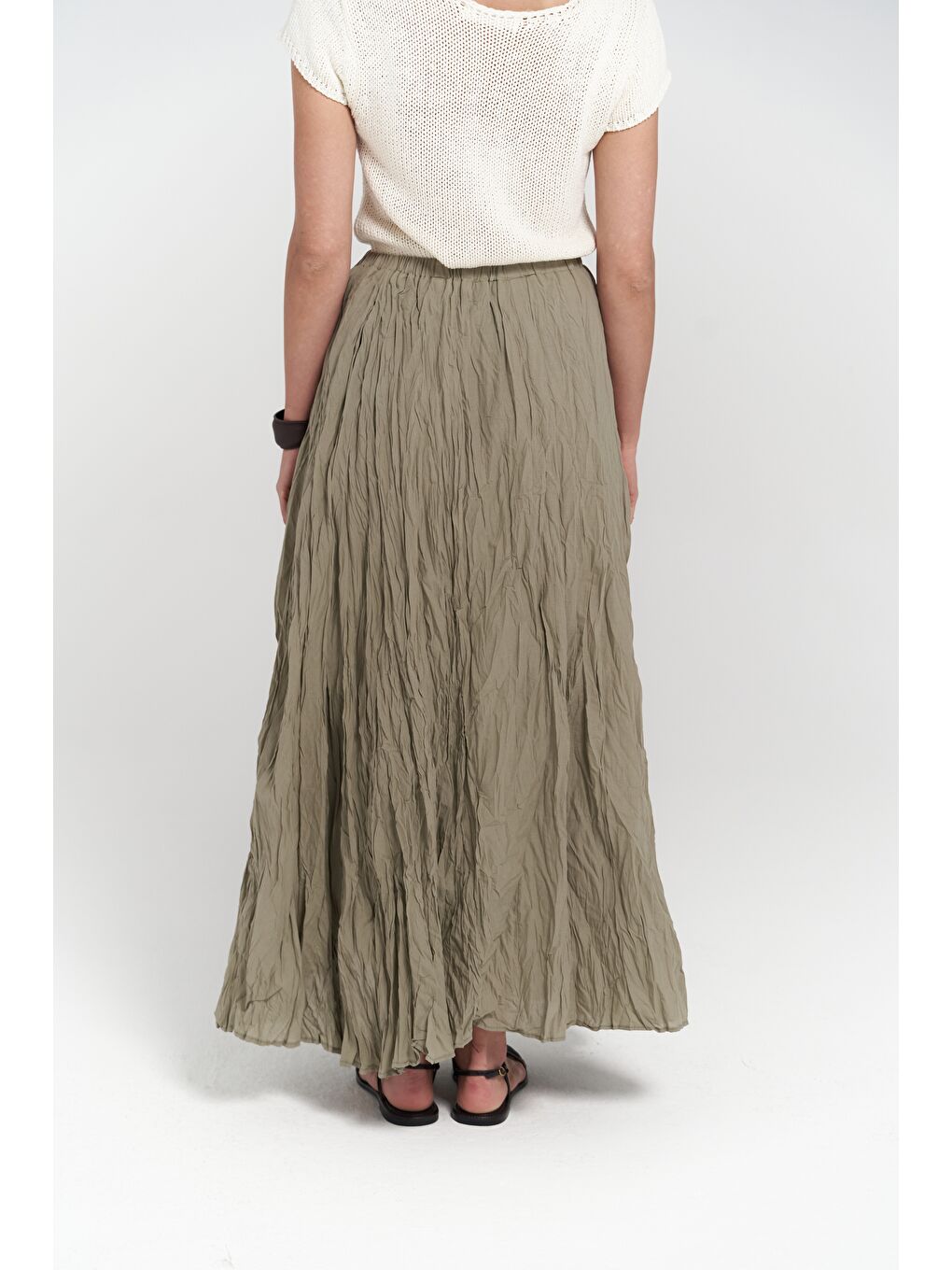 Jayla Kırışık Detay Uzun Haki Etek-5