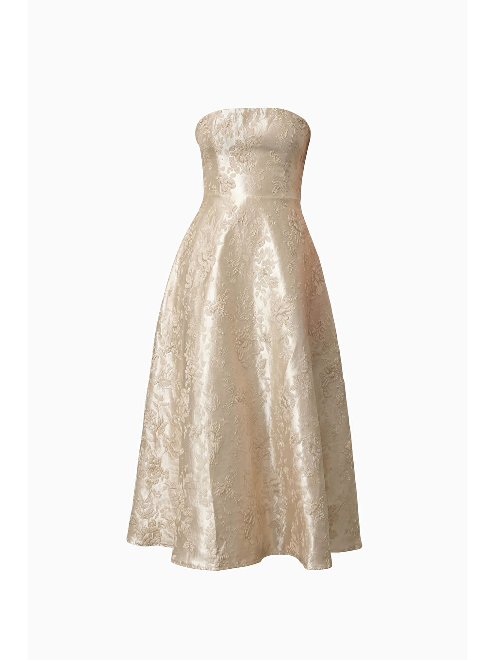 Sarı Kadın Gold Straplez Yaka Jakarlı Midi Abiye Elbise-6