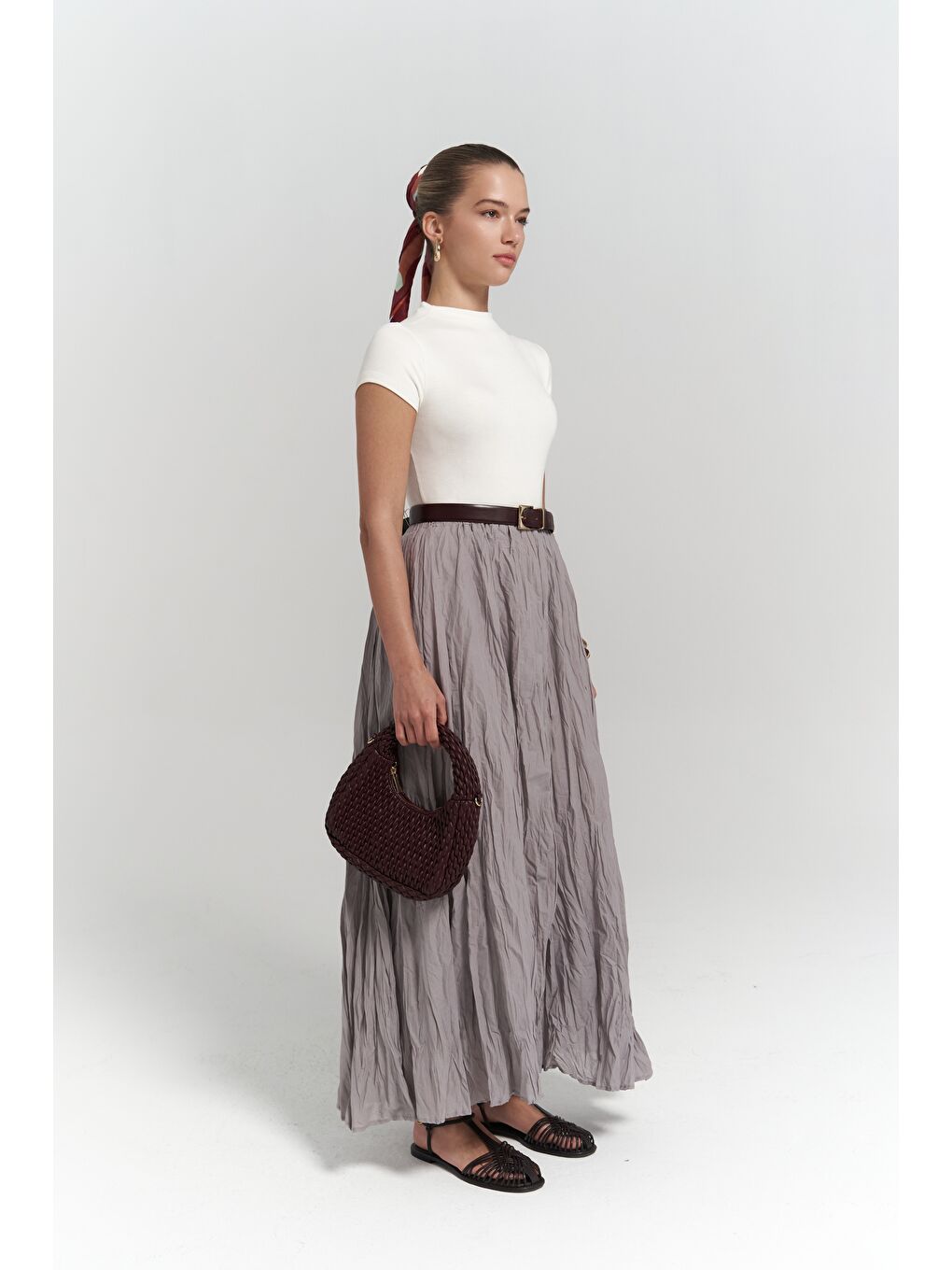 Jayla Kırışık Detay Uzun Gri Etek-2