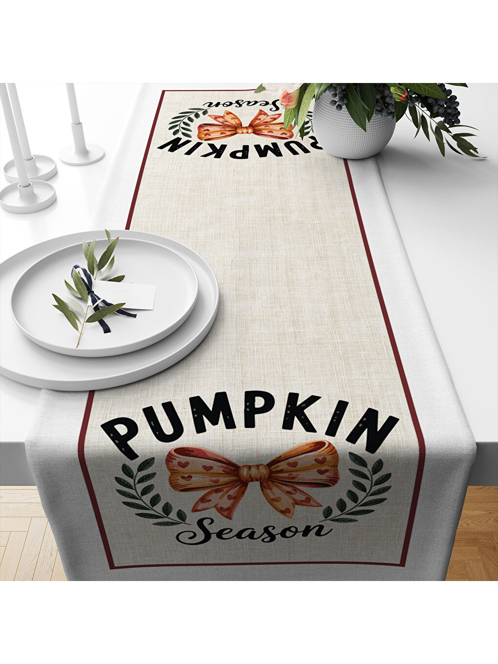 Karışık Sonbahar Desenli 40x140 cm Kadife Masa Örtüsü Runner-1