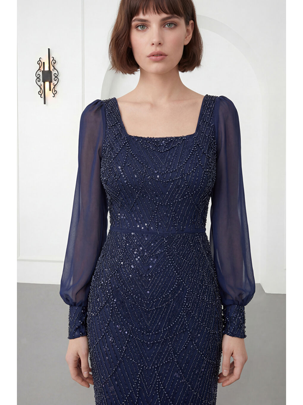 Kadın Lacivert Kare Yaka Uzun Kollu Boncuklu Abiye Elbise-2