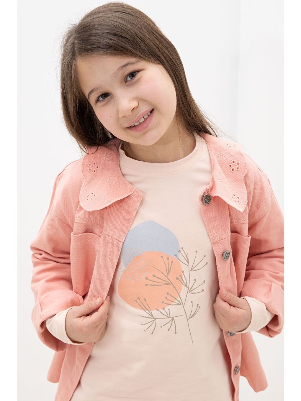 Pembe Somon Çiçek Yaka Detaylı Ceketli Kız Çocuk Pantolonlu 3lü Takım 23631-4