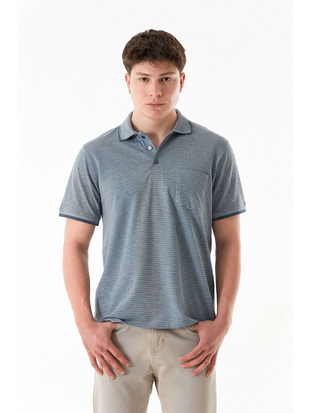 İndigo Cepli Düğmeli Polo Yaka Tişört