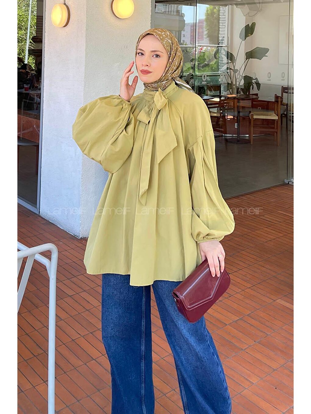 Yaka Fular Detaylı Gömlek Yağ Yeşili