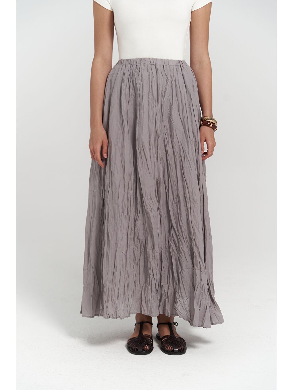 Jayla Kırışık Detay Uzun Gri Etek-4