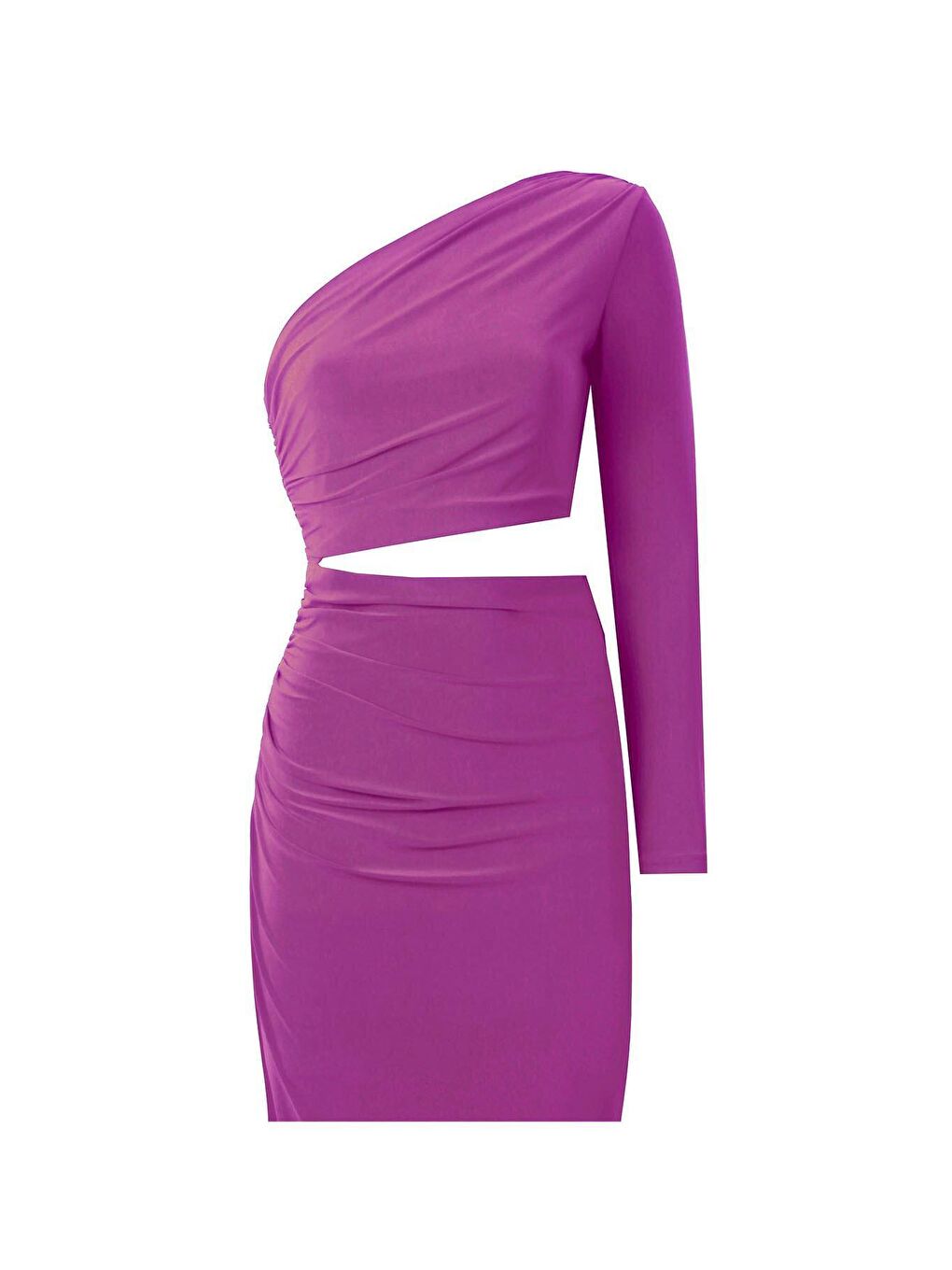 Siklamen Pembe Tek Kol Yandan Drapeli Göbeği Pencereli Mini Abiye Elbise-1