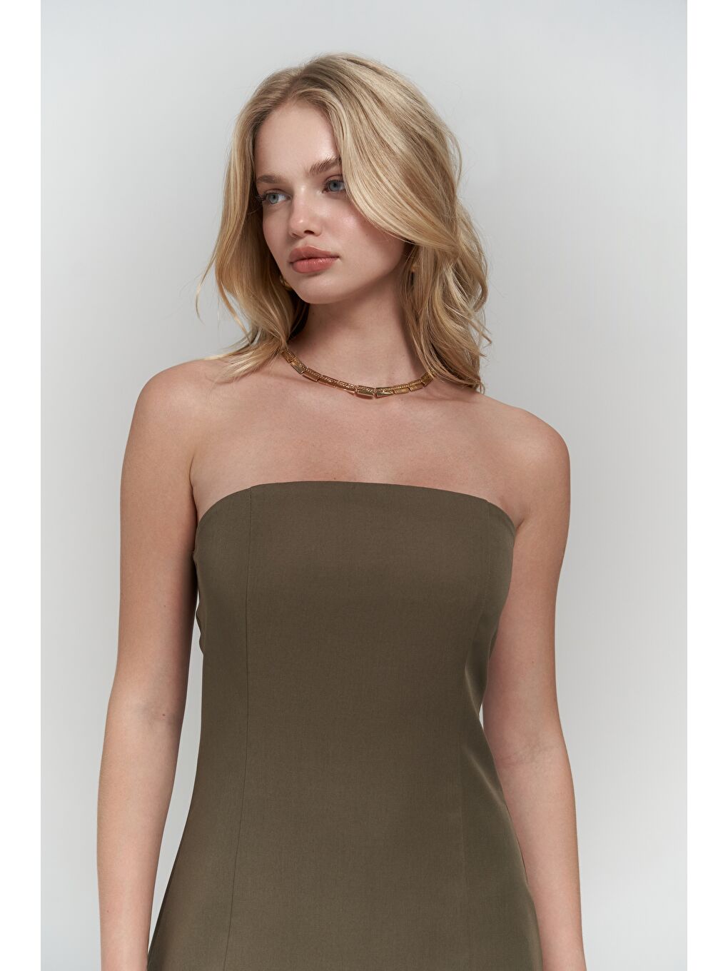 Clara Straplez Haki Elbise-3