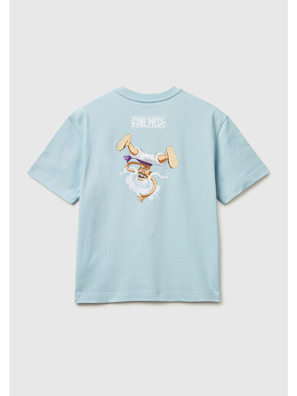 Erkek Çocuk Buz Mavisi Önü ve Arkası One Piece Baskılı Bisiklet Yaka T-Shirt-1