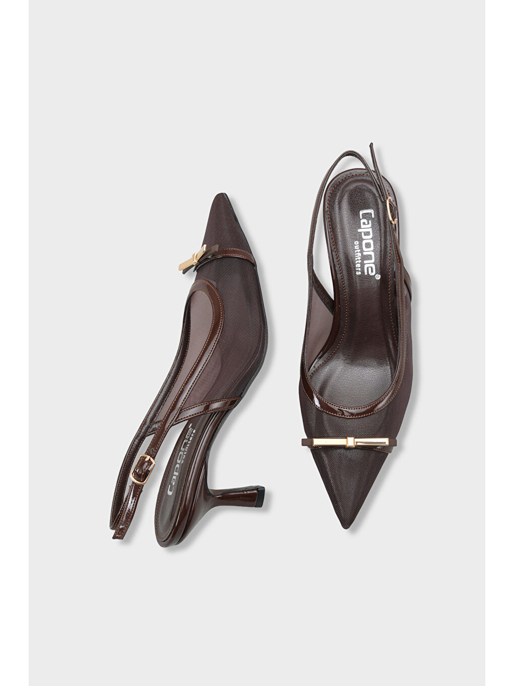 Kahverengi Joya Fileli Sivri Burunlu Orta Topuklu Arkası Açık Kadın Ayakkabı-4